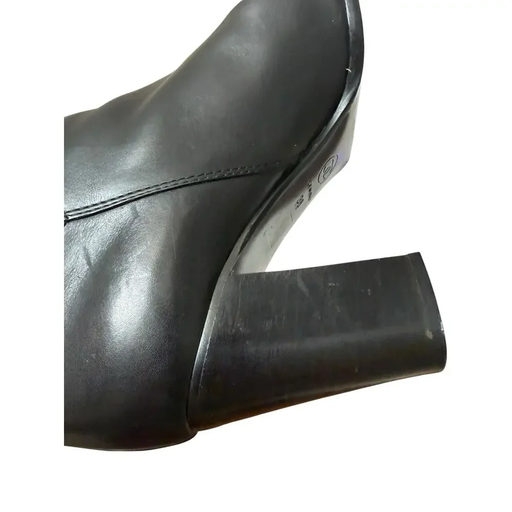 CHANEL Tall Black Leather Knee High Boots Size 38 CC Logo Block Heel